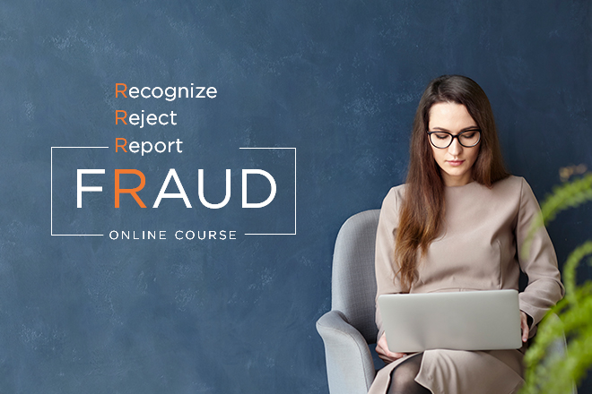 Woman takes the Fraud Course on laptop