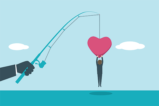 This image describes the 'hook and reel' game that romance fraudsters will play to lure victims into their scams.