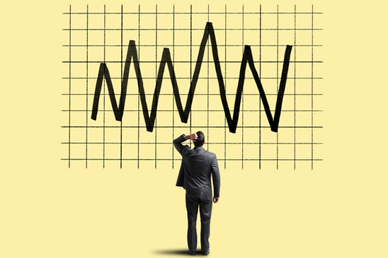 This illustration shows a man trying to understand why financial markets are rising and falling during COVID-19.