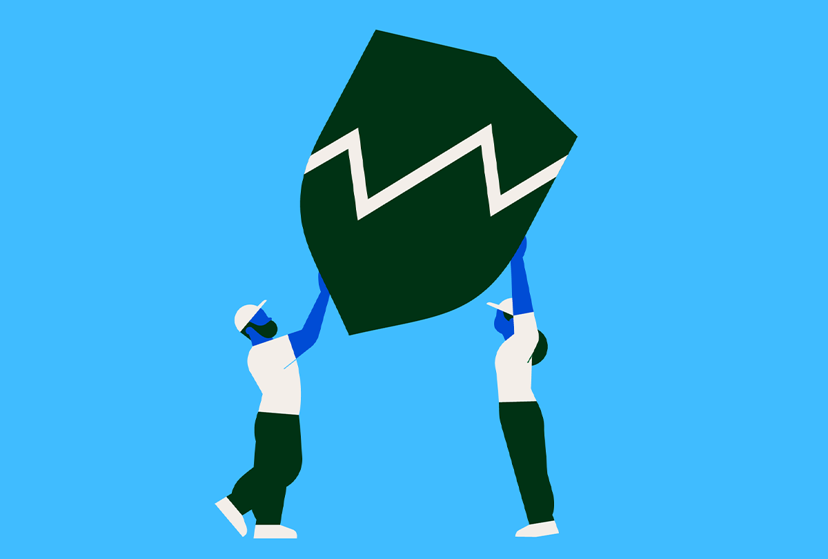 Illustration of two people holding up a shield with a BCSC logo to convey enforcement